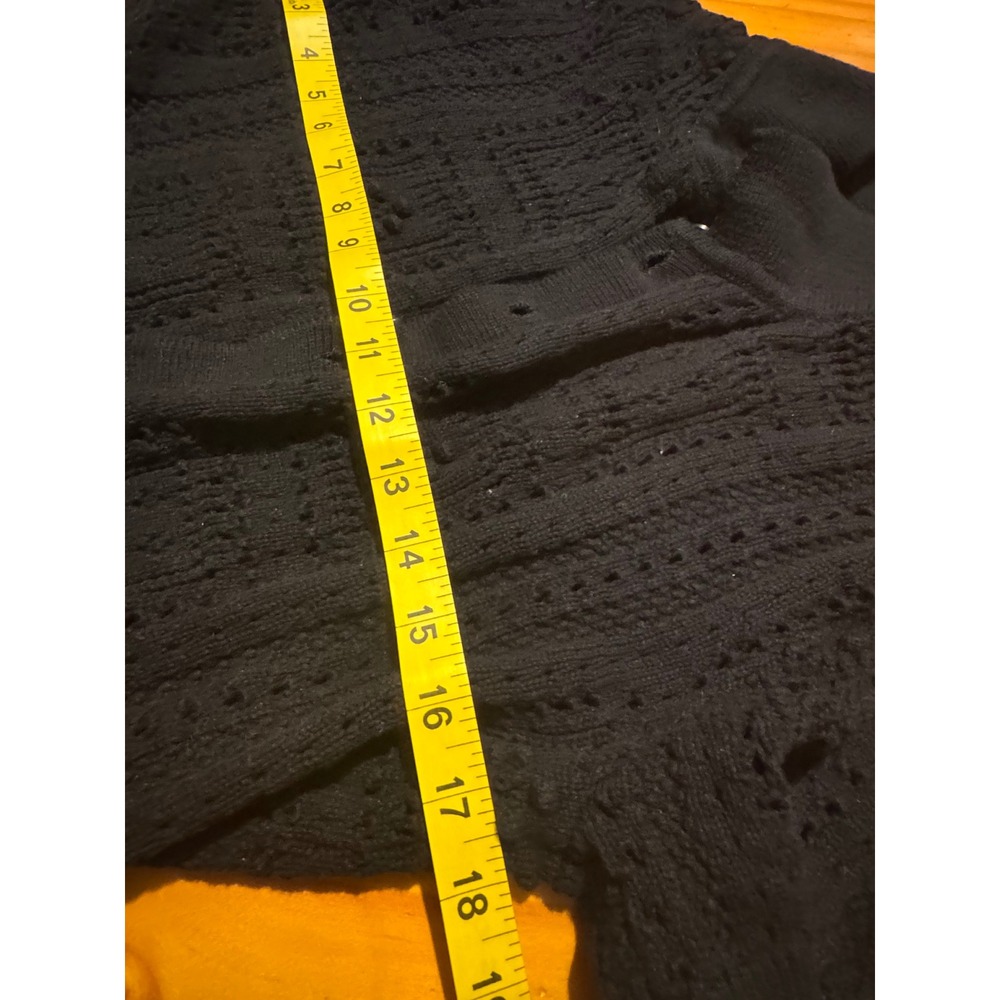 Black Crochet Cardigan M Short Sleeve Button Up Boho Knit Top Open Front Relaxed - Picture 8 of 10